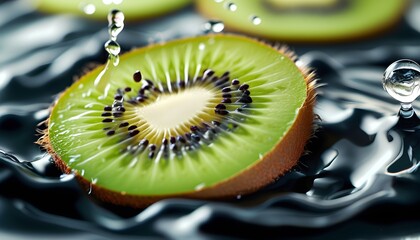 Vibrant Kiwi Slice with Water Ripples, Celebrating Pure Delight in Realistic Graphic Design