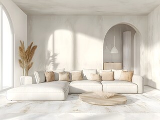 Wall Mural - Refined and elegant living space showcasing a sumptuous L shaped sofa a mix of natural textures and calming color accents and a serene tranquil vibe