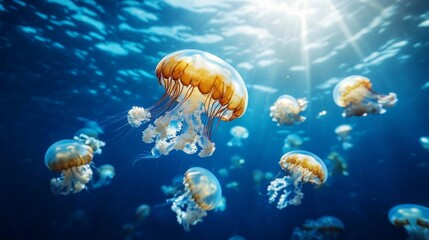 Wall Mural - In the deep blue ocean, a mesmerizing group of jellyfish drifts effortlessly, their translucent bodies glowing in the sunlight, while small fish swim nearby