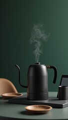 A sleek black kettle emits steam against a rich green background, creating a cozy and modern atmosphere ideal for promoting cafes or kitchenware.