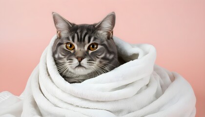 Wall Mural - Cozy tabby cat wrapped snugly in a soft towel