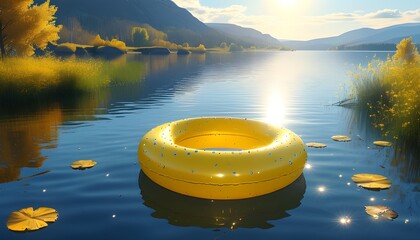 Wall Mural - Charming illustration of vibrant yellow rings floating on a tranquil lake, sunlight dancing on the waters surface in a serene technicolor animation