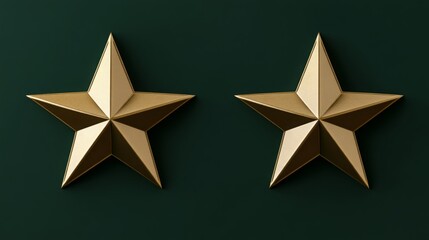 Fototapete - Two three-dimensional golden star decorations are positioned on a deep green background, showcasing their polished surfaces and sharp angles. The artwork exemplifies a blend of luxury and simplicity.