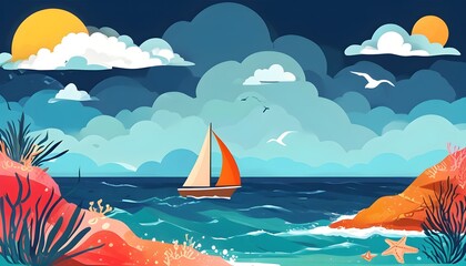 Wall Mural - Vibrant Maritime Seascape: An Elegant Fantasy of Colorful Hues and Graphic Design Illustrations