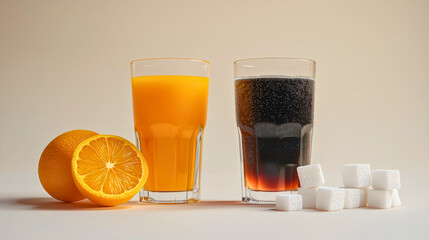 On one side, a glass of orange juice with its contents beside it, and on the other, soda with a lot of unhealthy sugar next to it. Health and care for the body.