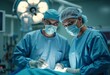 © Derek Brumby - Two surgeons in full sterile gear are performing an operation in a modern operating theater, with surgical lights illuminating the scene, showcasing precision and teamwork.