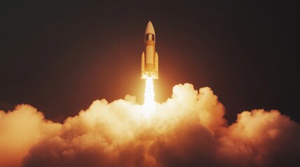 Aufkleber - A powerful rocket ascends into the evening sky, igniting bright flames and clouds of smoke as it gains altitude. The scene captures the energy of a significant aerospace event.