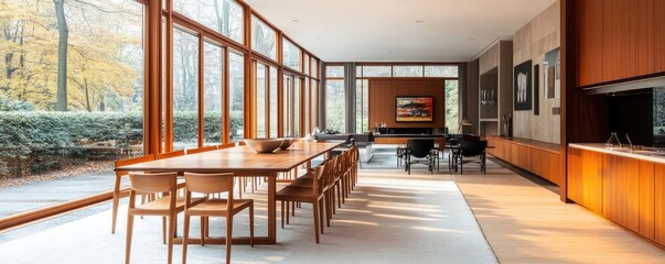 Wall Mural - Contemporary dining room with sleek wooden furniture, large windows filling the space with gentle natural light, accentuating clean lines and simplicity.