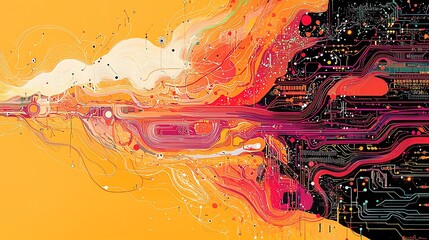 Wall Mural - An abstract circuit pulses with orange and red lines, a web of modern energy.