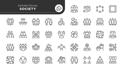 Society line icon set. Social group, people, communication, human community, interaction, unification and other. Outline icon in linear style. Vector collection.