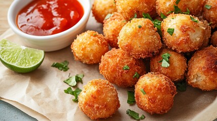 Close-up of delicious fried sweet balls, sweet sauce and lemon on light background