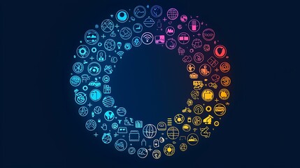 Wall Mural - a global network of icons forms a circle, connecting technology, business, and communication seamles