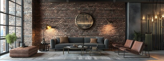 Wall Mural - Sleek and sophisticated urban loft living room with an exposed brick wall modern angular furniture in a muted color palette industrial chic lighting and metallic accents