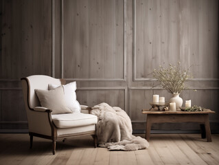 Living room interior in modern minimalist japandi style with wooden panneling. Neutral and light colors interior with reclaimed wood wall panels.