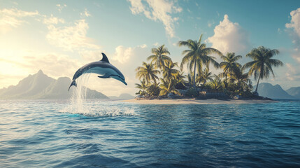 Majestic dolphin leaping from vibrant turquoise waves, scenic tropical island in background, serene nature concept