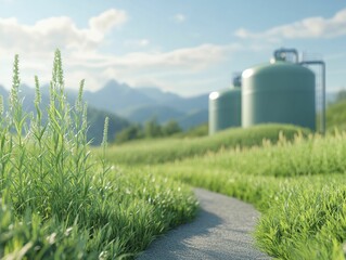 Poster - Bioenergy system development, focusing on conversion technologies such as digesters and biomass boilers, showcasing renewable energy methods, portrayed with a scenic natural backdrop, 3D rendering.