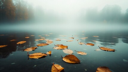 Poster - Golden leaves floating on the surface of a misty lake.