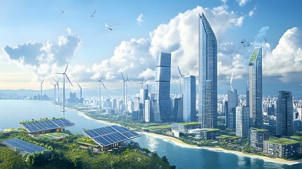 Renewable energy projects driving sustainable urban transformation with futuristic solar paneled skyscrapers offshore wind farms along the coastline electric public transit network