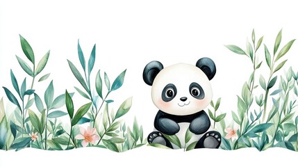 A baby panda with big eyes playfully interacts with bamboo leaves in a whimsical jungle scene