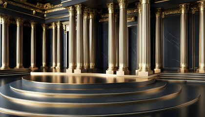 Wall Mural - Elegant black and gold room adorned with ancient Roman columns and a stunning marble floor