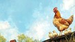 © arthit - A hen watching over her chicks from a perch, with the farmyard and sky offering space for text.