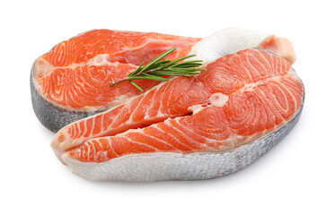 Poster - Two fresh salmon steaks and rosemary isolated on white