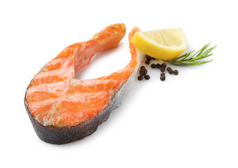 Sticker - Tasty grilled salmon steak, lemon and spices isolated on white