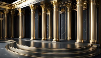 Wall Mural - Elegant black and gold room adorned with ancient Roman columns and a stunning marble floor