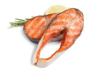 Wall Mural - Tasty grilled salmon steaks, lemon and rosemary isolated on white, top view