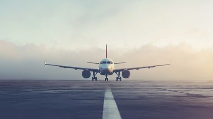 a passenger airplane taxiing on the runway with a clear horizon for text placement.