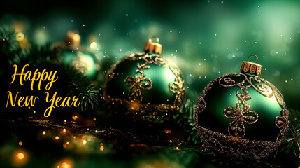 Christmas greeting card with green christmas balls on green bokeh background with Happy New Year lettering.