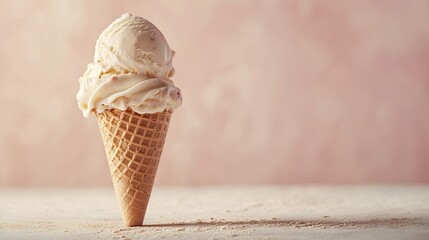 A tapered cone-shaped ice cream in front of a neutral backdrop with space for text.