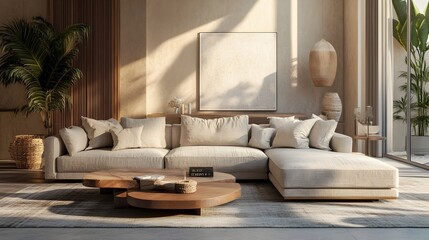 Wall Mural - This refined and elegant 3D rendered living area showcases a sumptuous L shaped sofa a harmonious mix of natural textures and calming color accents creating a serene and inviting atmosphere