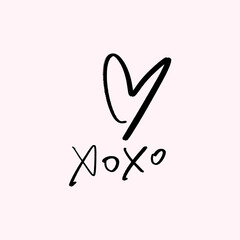 hand-drawn black isolated heart and hugs and kisses lettering. brush, ink. decor element. valentine'