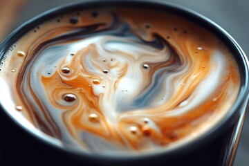 Wall Mural - Close-Up of Swirling Coffee and Milk in a Black Mug