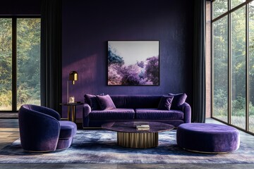 Wall Mural - Luxurious modern living room with rich Purple Basil colored walls and decor, velvet furniture