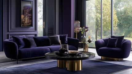 Wall Mural - Luxurious modern living room with rich Purple Basil colored walls and decor, velvet furniture