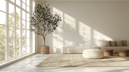 Wall Mural - A minimalist living room bathes in natural light, accentuated by the calm presence of a green plant.