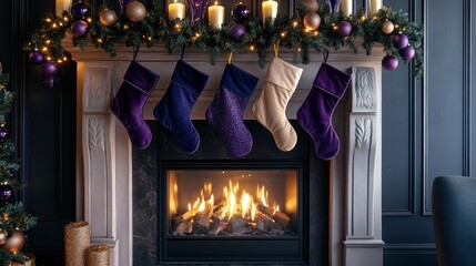 Wall Mural - Modern Christmas mantel decorated with Purple Basil colored garlands, deep violet stockings