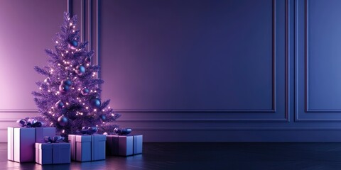 Wall Mural - Modern Christmas scene with a Purple Basil color palette, minimalist Christmas tree in violet hues