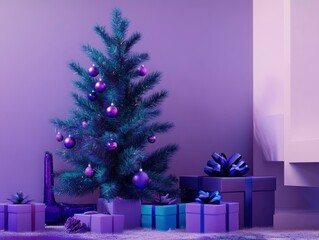 Wall Mural - Modern Christmas scene with a Purple Basil color palette, minimalist Christmas tree in violet hues