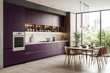 Wall Mural - Scandinavian-style kitchen with Purple Basil color cabinetry, sleek white countertops, warm wooden elements