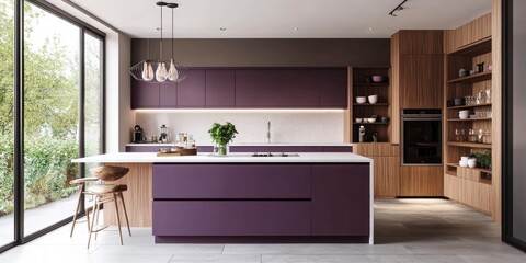 Wall Mural - Scandinavian-style kitchen with Purple Basil color cabinetry, sleek white countertops, warm wooden elements