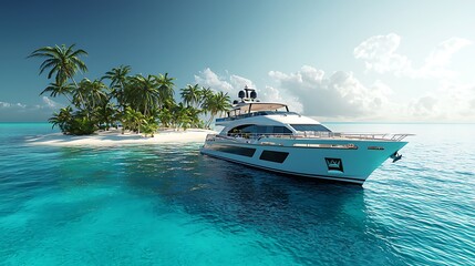 A luxury yacht rests peacefully at a tropical island paradise, the turquoise water shimmering below.