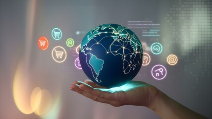 Digital Global Connectivity Represented by a Hand Holding a Glowing Earth, Surrounded by E-commerce Icons Symbolizing Online Shopping, Social Media, and Technology Integration