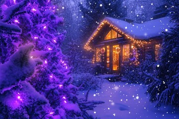 Wall Mural - Snowy outdoor Christmas scene featuring Purple Basil color garlands and ornaments