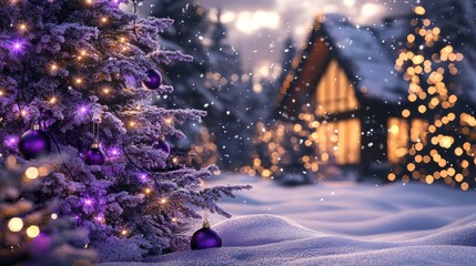 Wall Mural - Snowy outdoor Christmas scene featuring Purple Basil color garlands and ornaments