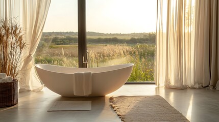 Wall Mural - A modern bathroom with natural light highlights a luxurious bathtub with a scenic window view.