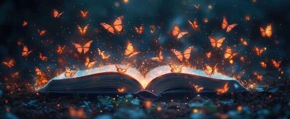 a magical open book floating with shimmering butterflies ascending from its pages enchanting ethereal scene capturing the essence of imagination and wonder