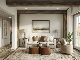 Wall Mural - Warm and inviting modern farmhouse style living room with distressed wood beams area rug and rustic decor accents offering a cozy and relaxed vibe with touches of industrial and vintage charm